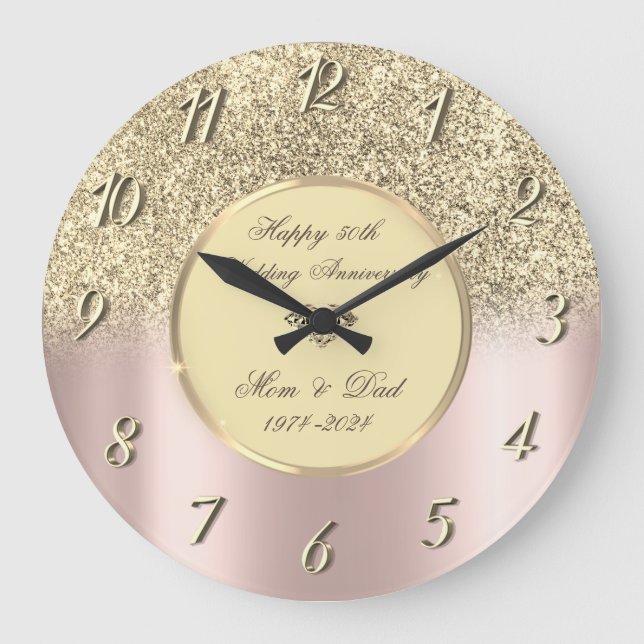Glitter Ombre Rose Gold 50th Wedding Anniversary Large Clock (Front)