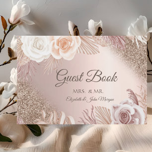 Glitter Ombre Rose Gold Boho Flowers Wedding Guest Book