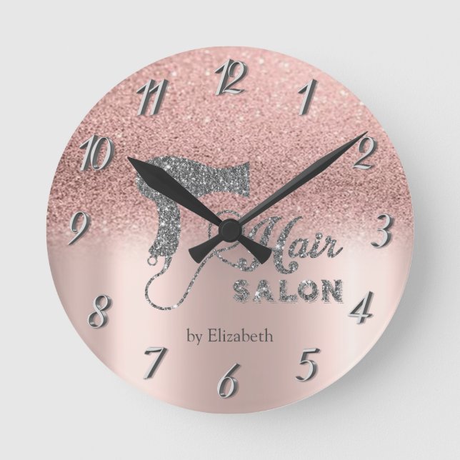 Glitter Ombre Rose Gold Hearts,Hairdryer   Round Clock (Front)