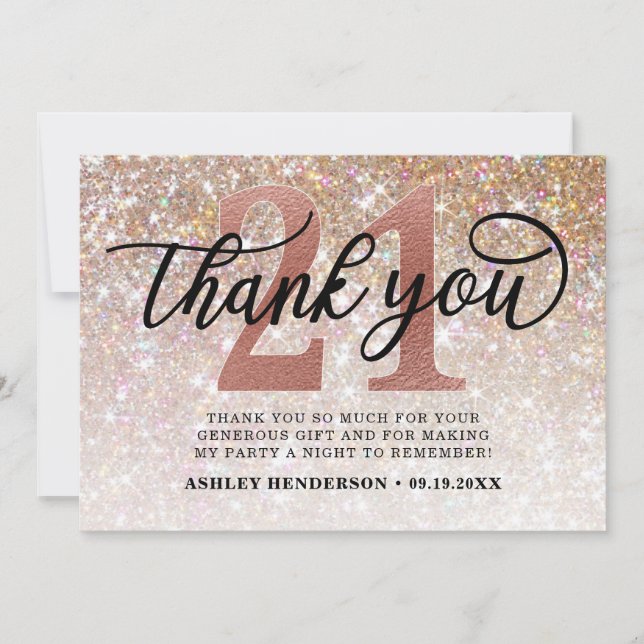 Glitter Ombre Sweet 21st Birthday Thank You Card (Front)