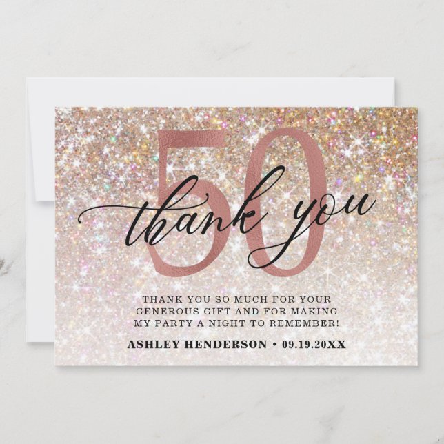 Glitter Ombre Sweet 50th Birthday Thank You Card (Front)