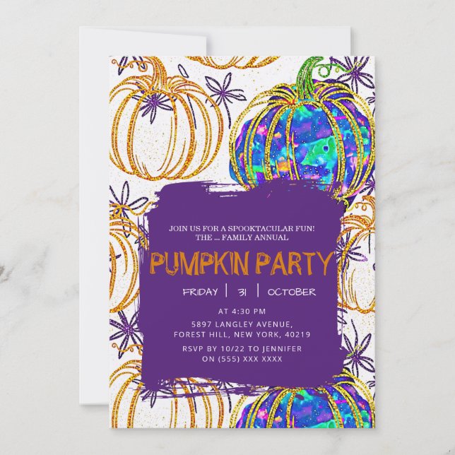 Glitter Opal Pumpkin Halloween Invitation (Front)