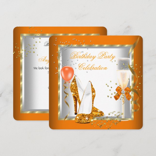 Glitter Orange Gold High Heels Birthday Party Invitation (Front/Back)