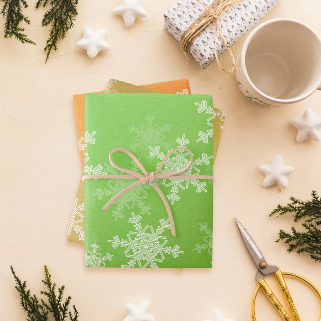 Glitter Orange Green Golden Snowflakes Christmas Wrapping Paper Sheet (Creator Uploaded)