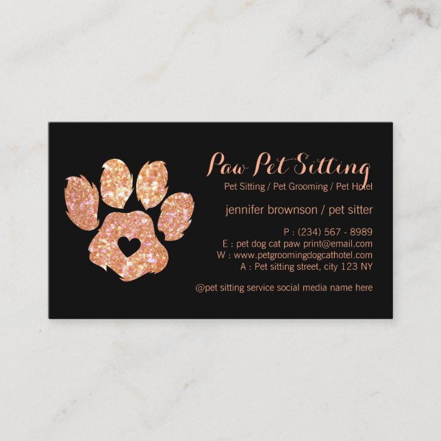 Glitter Orange Pet Sitter Grooming Paw Business Card (Front)