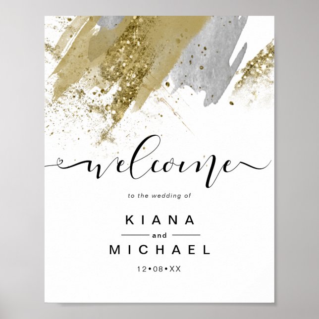 Glitter & Paint Strokes Wedding Welcome Gold ID626 Poster (Front)