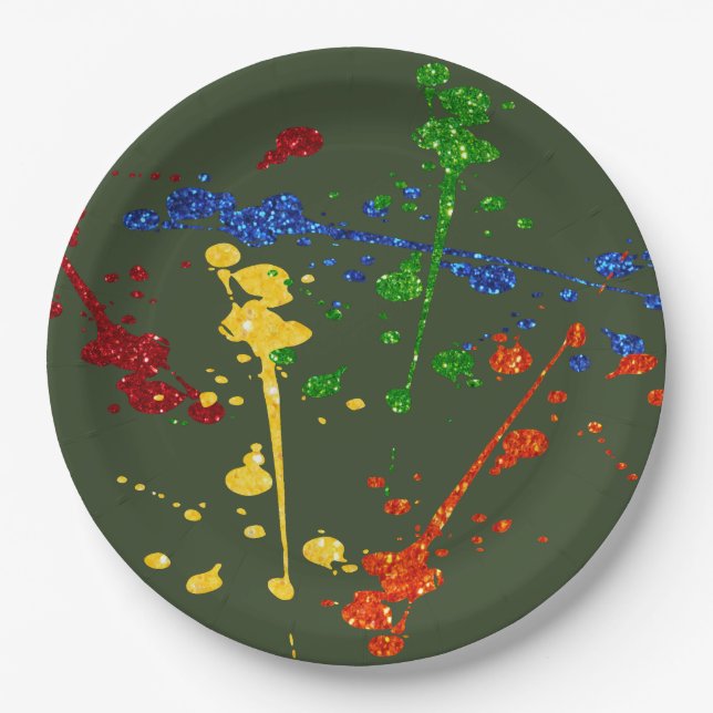 Glitter Paintball Party Paint Splatter Paper Plate (Front)