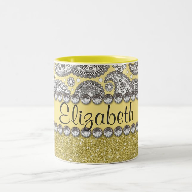 Glitter Paisley Rhinestone Print Pattern Two-Tone Coffee Mug (Center)