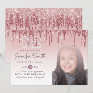 GLITTER PARTY Rose Gold PINK ANY AGE PHOTO Girls Invitation