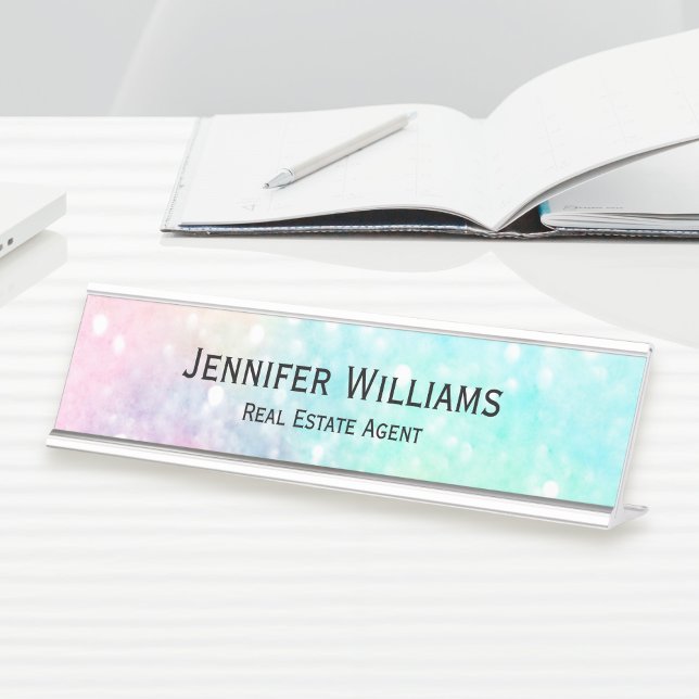 Glitter Pastel Bokeh Girly Colourful Pattern Desk Name Plate (Creator Uploaded)