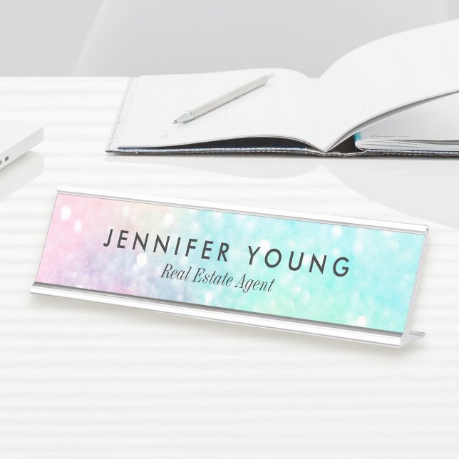 Glitter Pastel Bokeh Girly Colourful Pattern Desk Name Plate (Creator Uploaded)