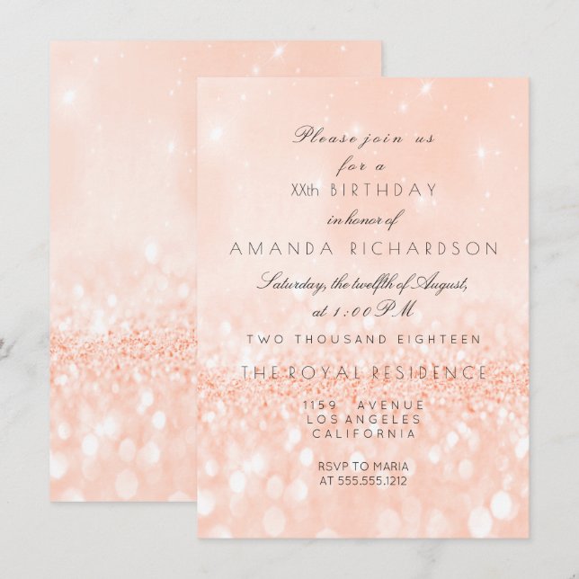 Glitter  Pastel Coral Peach Girly Bridal Birthday Invitation (Front/Back)