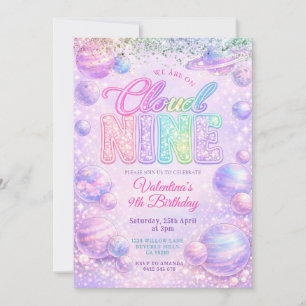 Glitter Pastel Rainbow Space Birthday Party Invitation