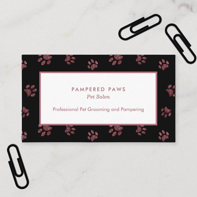 Glitter Paw Prints Rose Gold Pink Black Pet Salon Business Card (Glitter Paw Prints Rose Gold Pink Black Pet Salon Business Card)