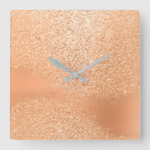 Glitter Peach Coral Rose Gold Beauty Metal Minimal Square Wall Clock