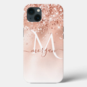 Glitter Peach Rose Gold Monogram iPhone 13 Case
