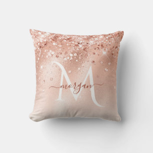 Glitter Peach Rose Gold Monogram Cushion