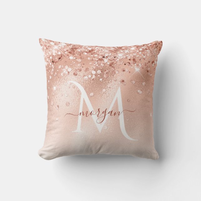 Glitter Peach Rose Gold Monogram Cushion (Front)