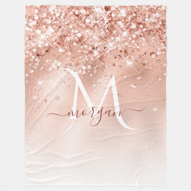 Glitter Peach Rose Gold Monogram Fleece Blanket (Front)