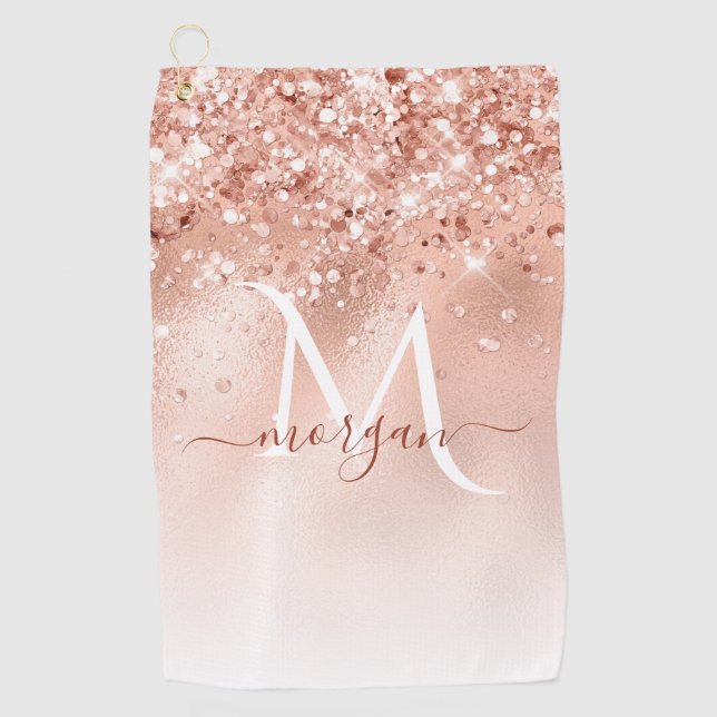 Glitter Peach Rose Gold Monogram Golf Towel (Front)