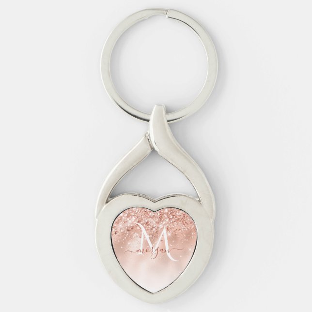 Glitter Peach Rose Gold Monogram Key Ring (Front)