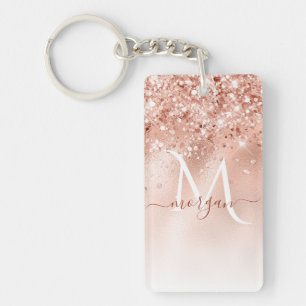 Glitter Peach Rose Gold Monogram Key Ring