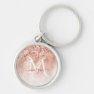 Glitter Peach Rose Gold Monogram Key Ring