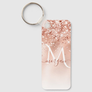 Glitter Peach Rose Gold Monogram Key Ring