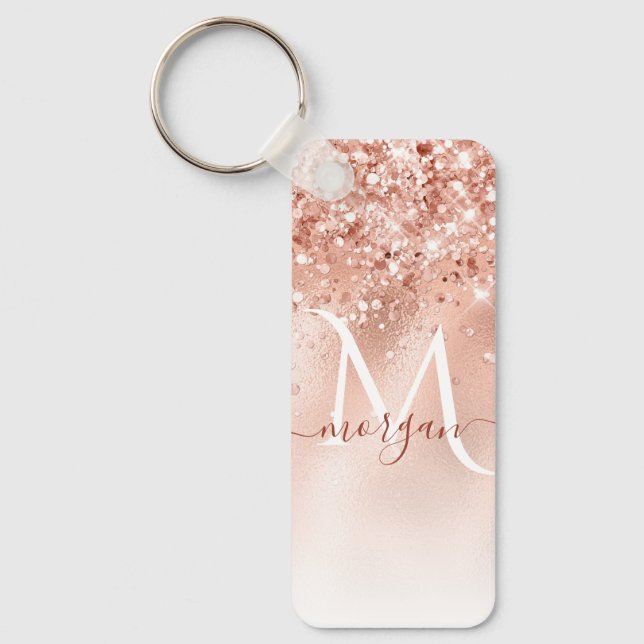 Glitter Peach Rose Gold Monogram Key Ring (Front)