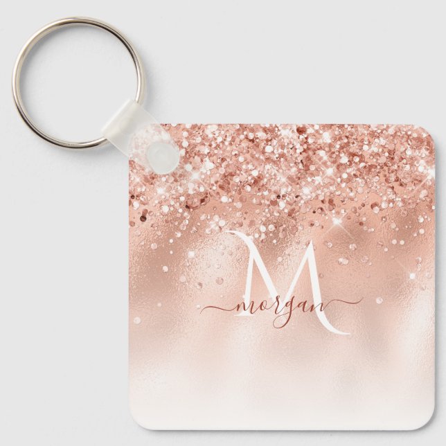 Glitter Peach Rose Gold Monogram Key Ring (Front)