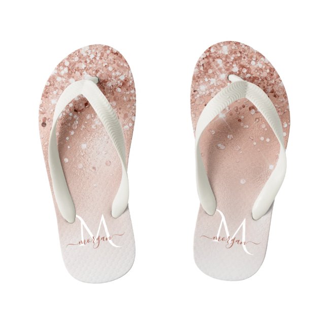 Glitter Peach Rose Gold Monogram Kid's Thongs (Footbed)