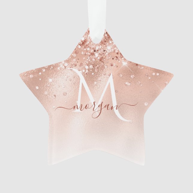Glitter Peach Rose Gold Monogram Ornament (Front)