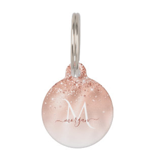Glitter Peach Rose Gold Monogram Pet Tag