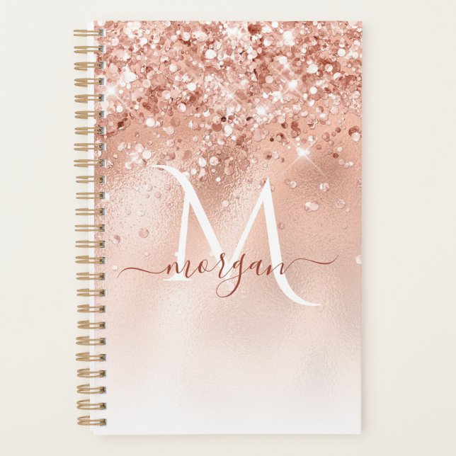 Glitter Peach Rose Gold Monogram Planner (Front)