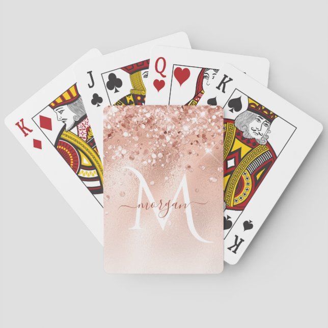 Glitter Peach Rose Gold Monogram Playing Cards (Back)