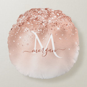 Glitter Peach Rose Gold Monogram Round Cushion