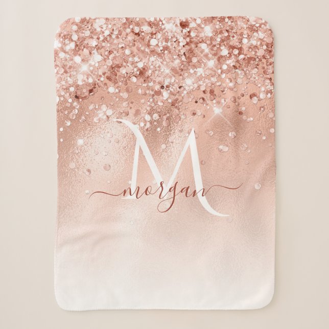 Glitter Peach Rose Gold Monogram Sherpa Blanket (Front)