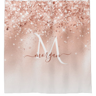 Glitter Peach Rose Gold Monogram Shower Curtain