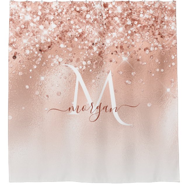 Glitter Peach Rose Gold Monogram Shower Curtain (Front)