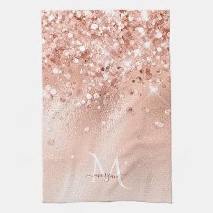 Glitter Peach Rose Gold Monogram Tea Towel