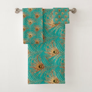 Glitter Peacock Feathers Pattern  Bath Towel Set