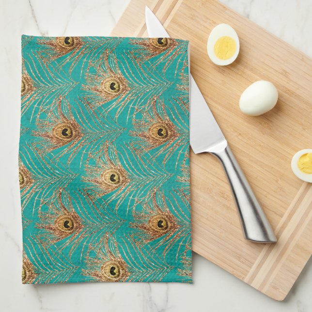 Glitter Peacock Feathers Pattern  Tea Towel (Quarter Fold)
