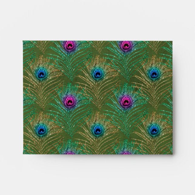 Glitter Peacock Feathers Pre-Addressed Envelope (Front)