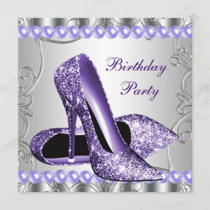Glitter Pearls Purple High Heels Shoes Birthday Invitation