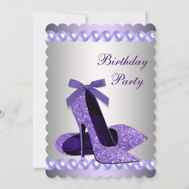 Glitter Pearls Purple High Heels Shoes Birthday Invitation (Front)