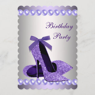 Glitter Pearls Purple High Heels Shoes Birthday Invitation