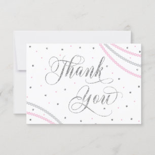Glitter & Pearls Thank You Card, Pink, Faux Silver Card