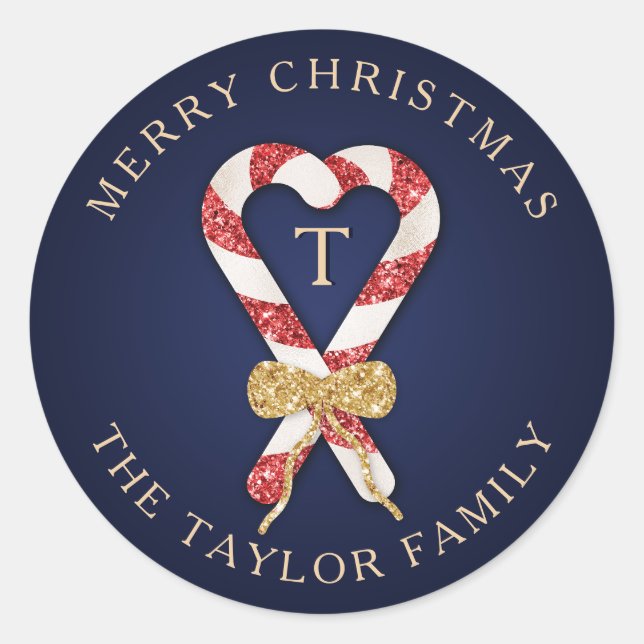 Glitter Personalised Monogram Merry Christmas Classic Round Sticker (Front)