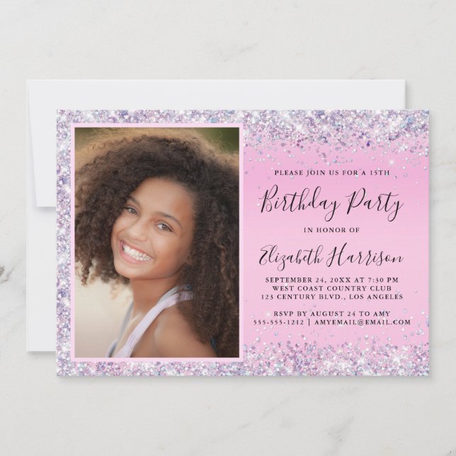 Glitter Photo Pink 15th Birthday Party Invitation (Front)