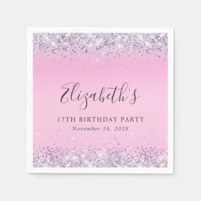 Glitter Pink 17th Birthday Party Napkin (Front)